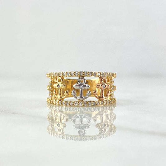 Anillo Triple Anclas 3.5gr / T7 / Circones Blancos Tres Oros 18K