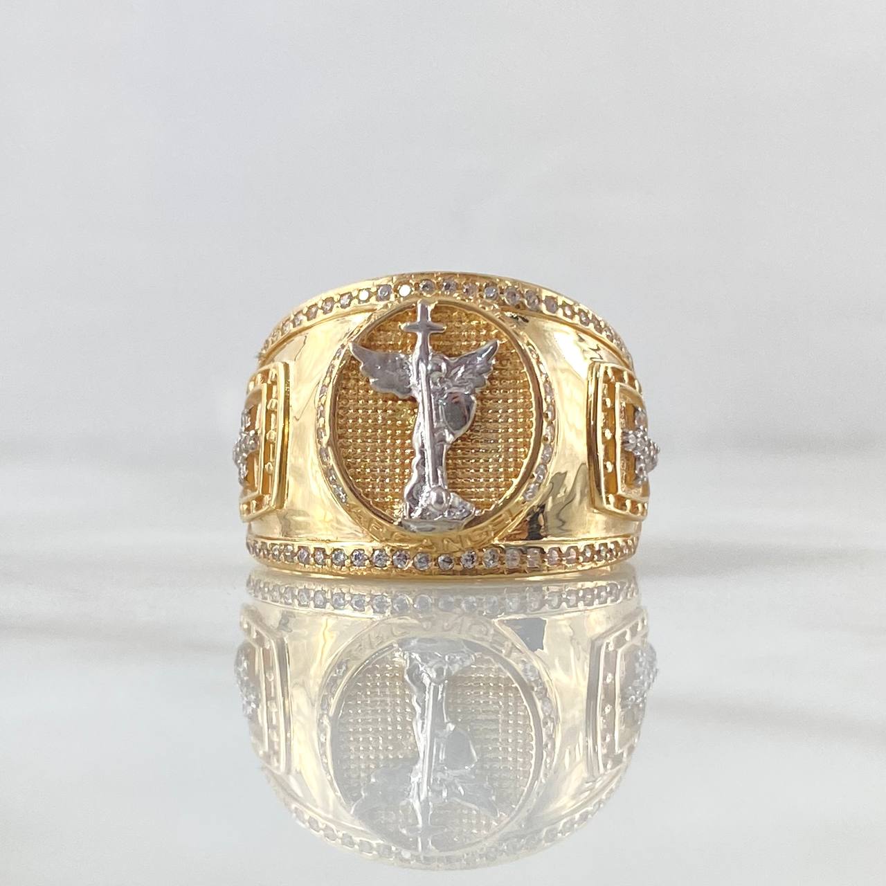 Anillo San Miguel Escudos Santos 7.35gr / T11 1/2 / Circones Blancos Oro Amarillo 18K