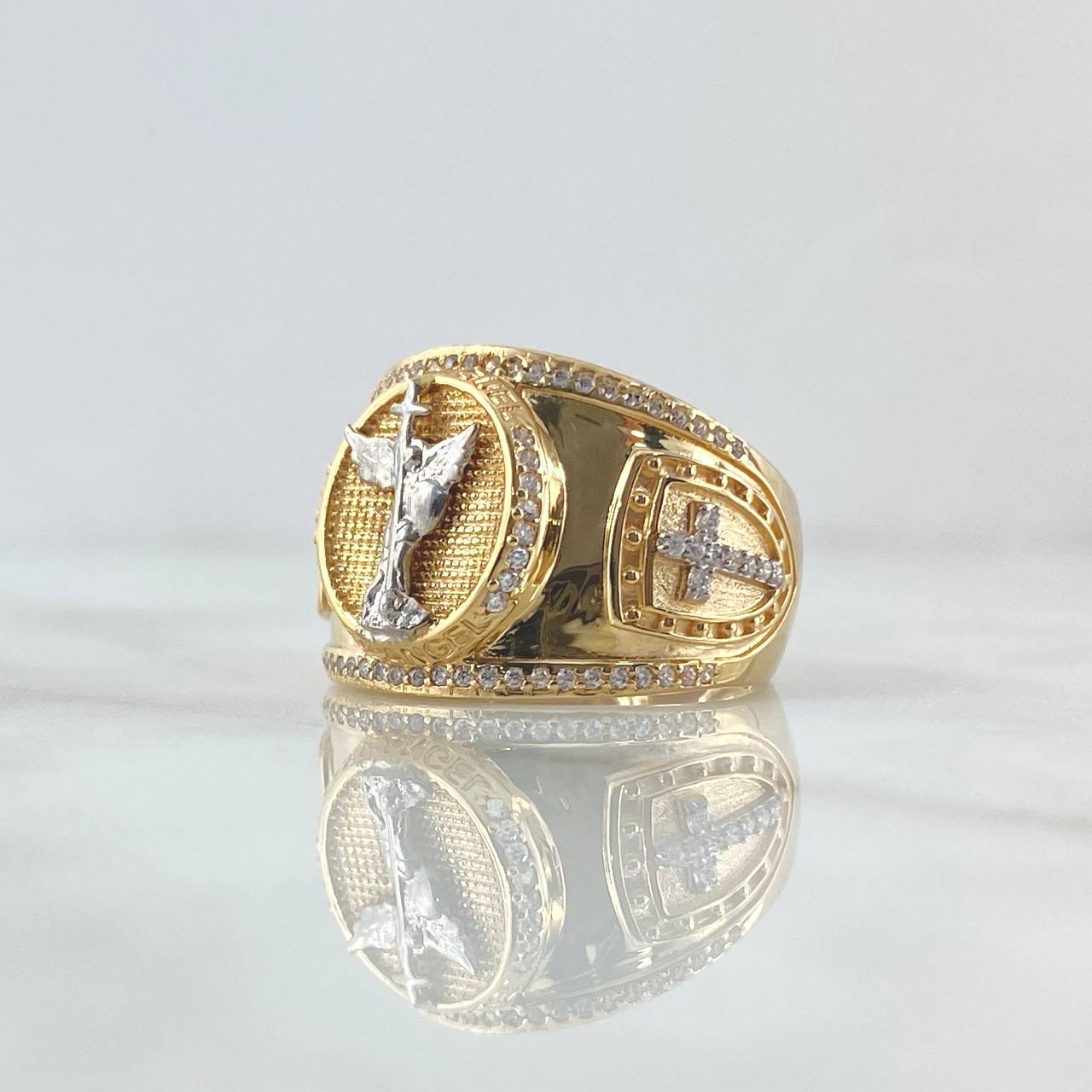 Anillo San Miguel Escudos Santos 7.35gr / T11 1/2 / Circones Blancos Oro Amarillo 18K