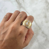 Anillo San Miguel Escudos Santos 7.35gr / T11 1/2 / Circones Blancos Oro Amarillo 18K