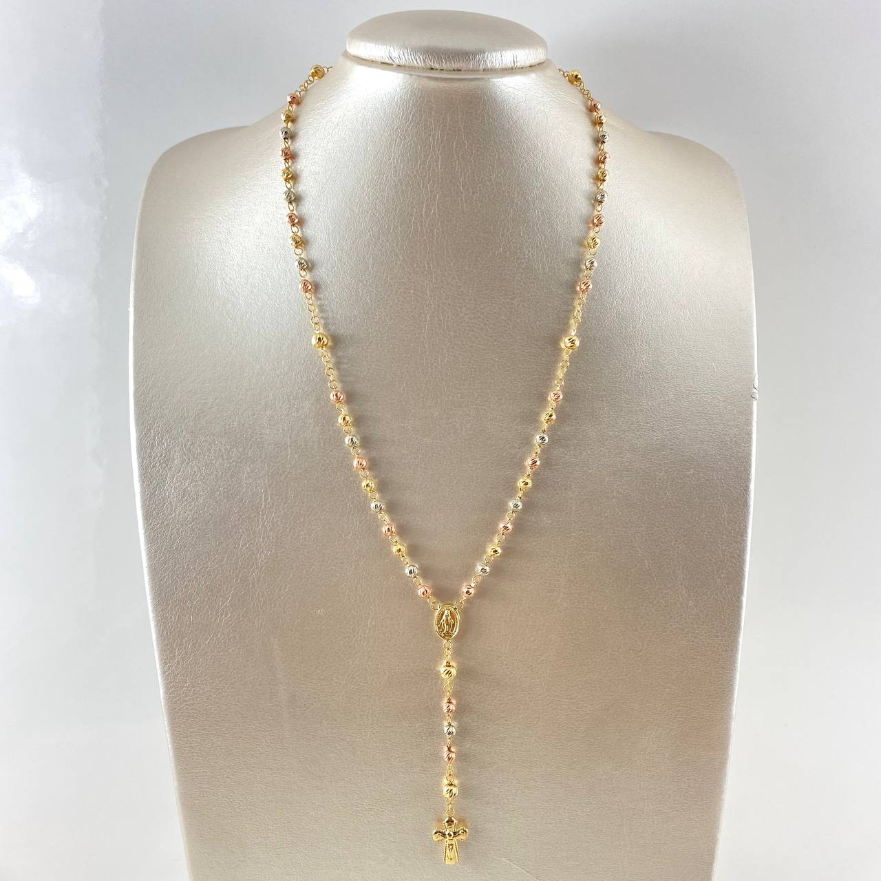 Rosario Virgen Milagrosa 10gr / 50cm / 4mm - 5 mm Cruz Cristo Bordeada Tres Oros 18K