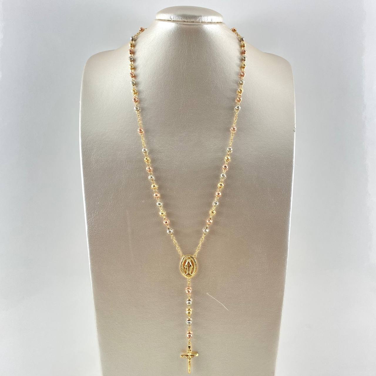 Rosario Virgen Milagrosa 14.4gr / 60cm / 5mm Cruz Cristo Puntas Planas Tres Oros 18K