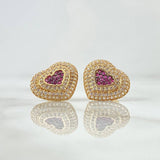 Topos Corazón Doble Marco 4.5gr / 1.4cm / Circones Blancos Fucsia Broche Mariposa Oro Amarillo 18K