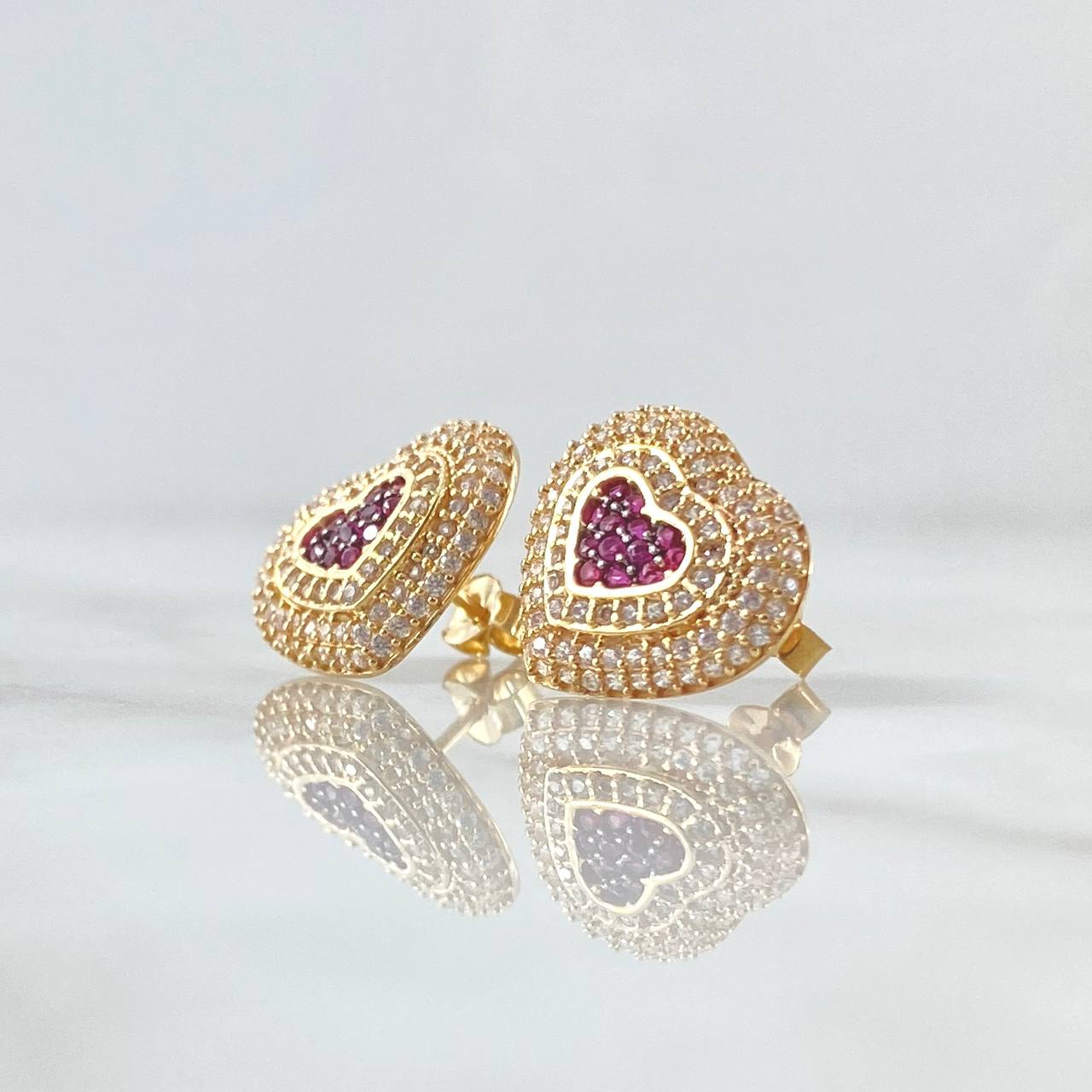 Topos Corazón Doble Marco 4.5gr / 1.4cm / Circones Blancos Fucsia Broche Mariposa Oro Amarillo 18K