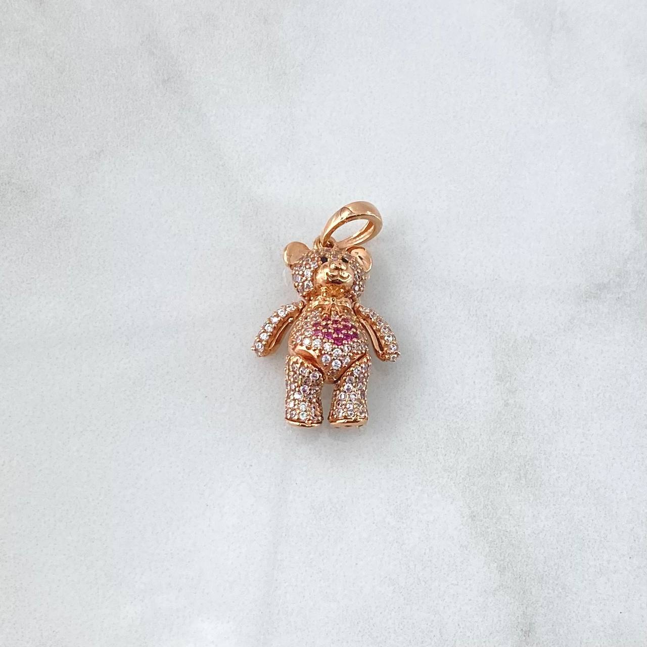 Dije Oso Articulado Corbatin Corazón 5.45gr / 3cm / Circones Blancos Fucsias Ojos Negros Oro Rosa 18K ©
