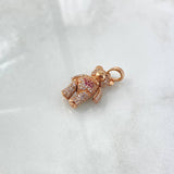 Dije Oso Articulado Corbatin Corazón 5.45gr / 3cm / Circones Blancos Fucsias Ojos Negros Oro Rosa 18K ©