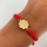 Pulsera Tejida Roja Virgen María Flor 1.1gr / Oro Amarillo 18K &
