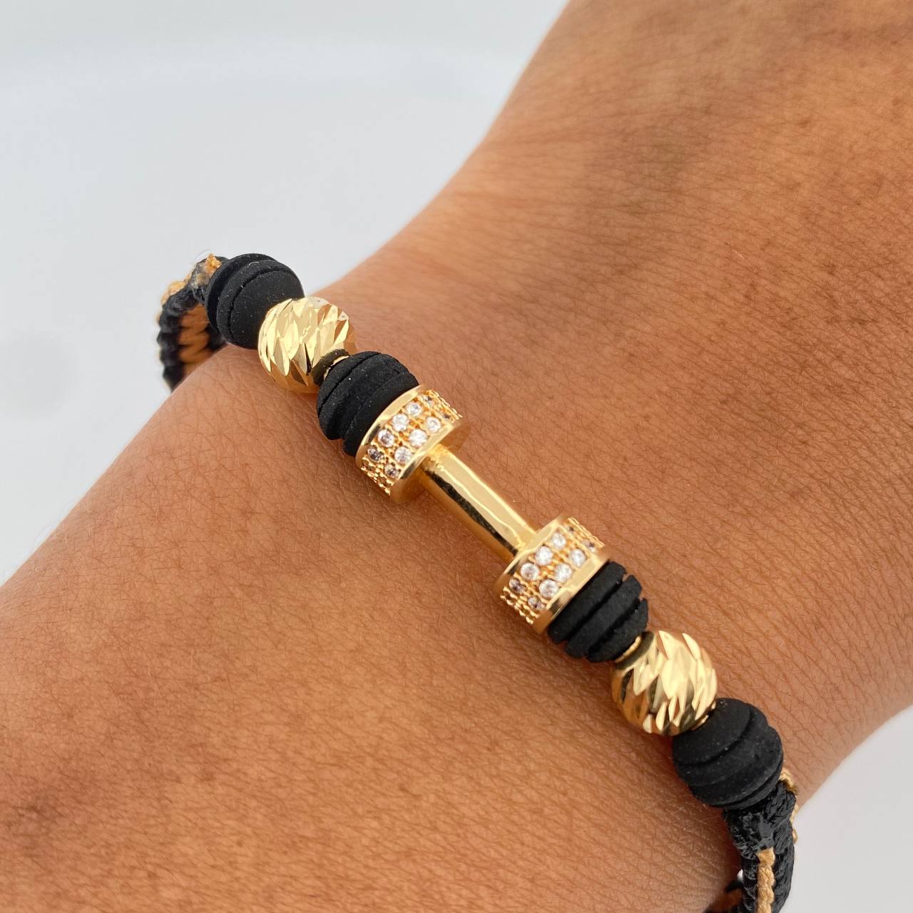 Pulsera Tejida Beige Negra Mancuerna 2.45gr / Oro Amarillo 18K &