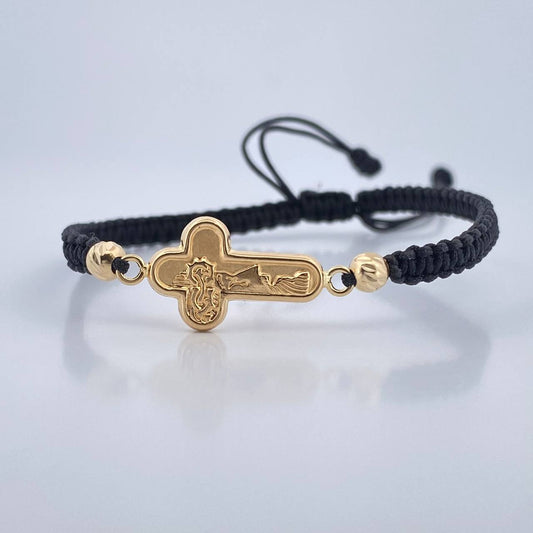 Pulsera Tejida Negra Cruz Rostro Cristo 1.15gr / Oro Amarillo 18K &