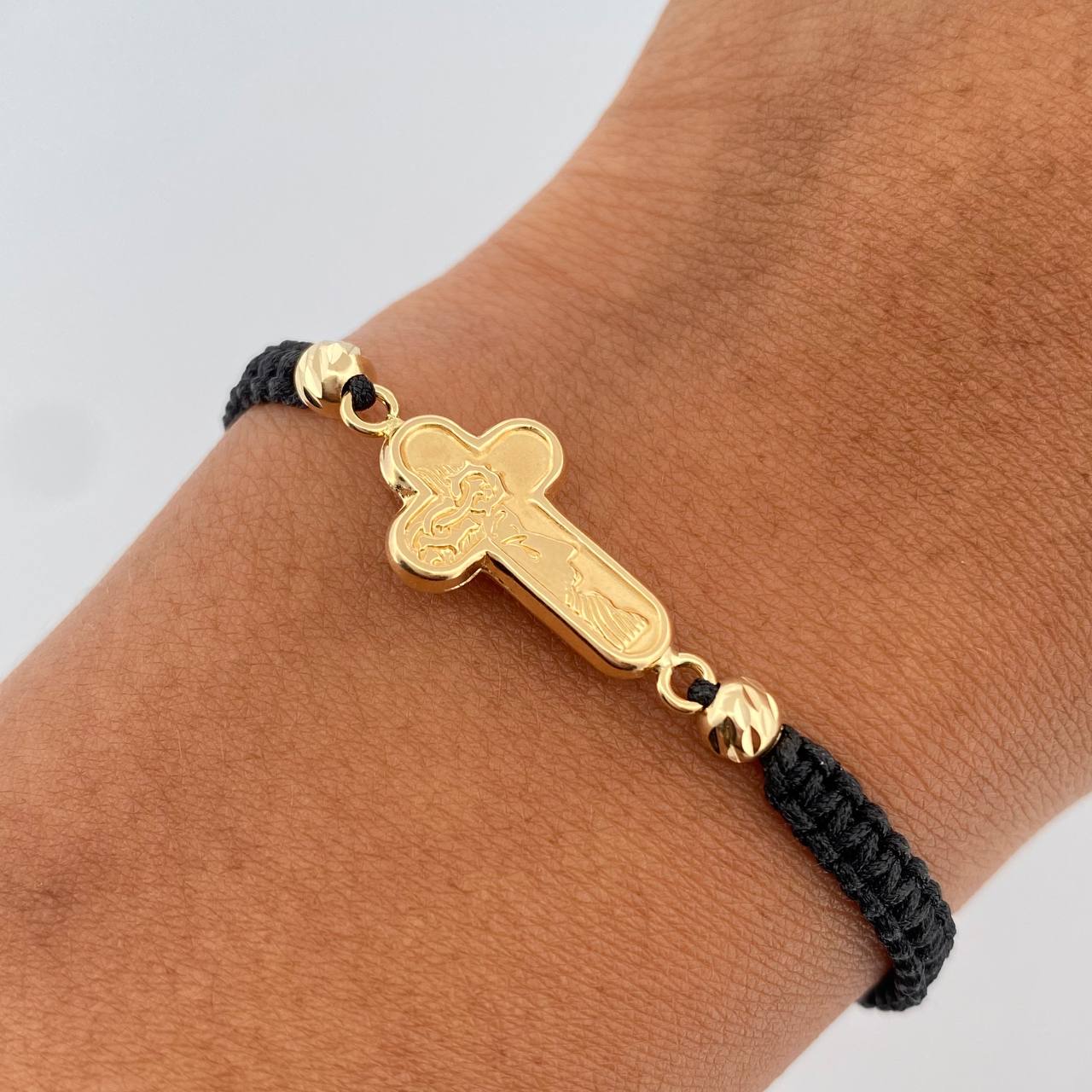 Pulsera Tejida Negra Cruz Rostro Cristo 1.15gr / Oro Amarillo 18K &