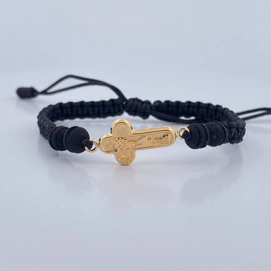 Pulsera Tejida Negra Cruz Rostro Cristo 0.95gr / Oro Amarillo 18K &