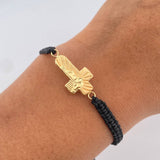 Pulsera Tejida Negra Cruz Rostro Cristo 0.85gr / Oro Amarillo 18K &