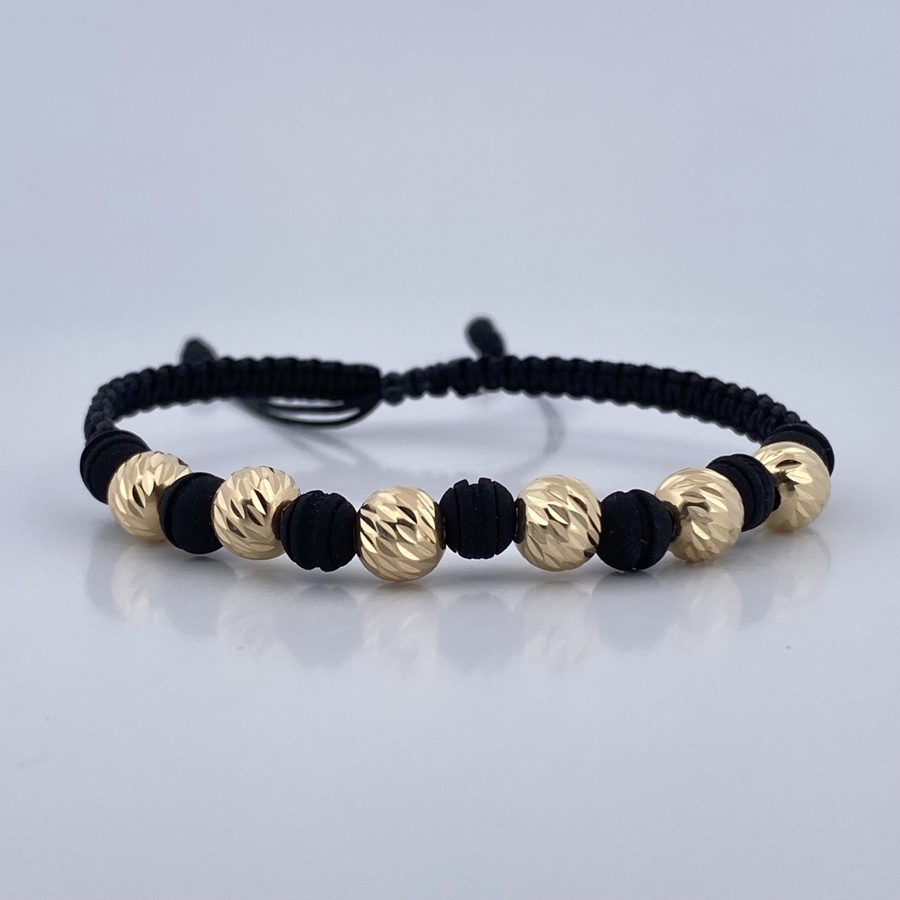 Pulsera Tejida Negra Bolas 1.85gr / Oro Amarillo 18K &