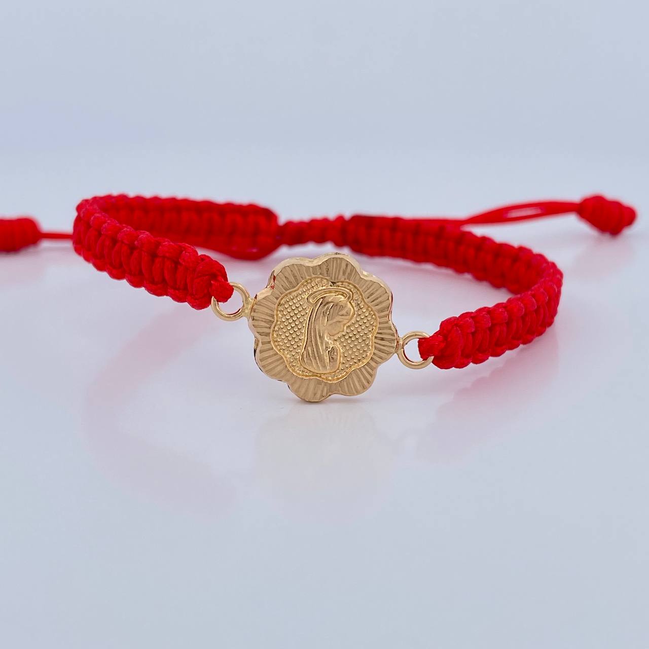 Pulsera Tejida Roja Virgen María Flor 1.1gr / Oro Amarillo 18K &