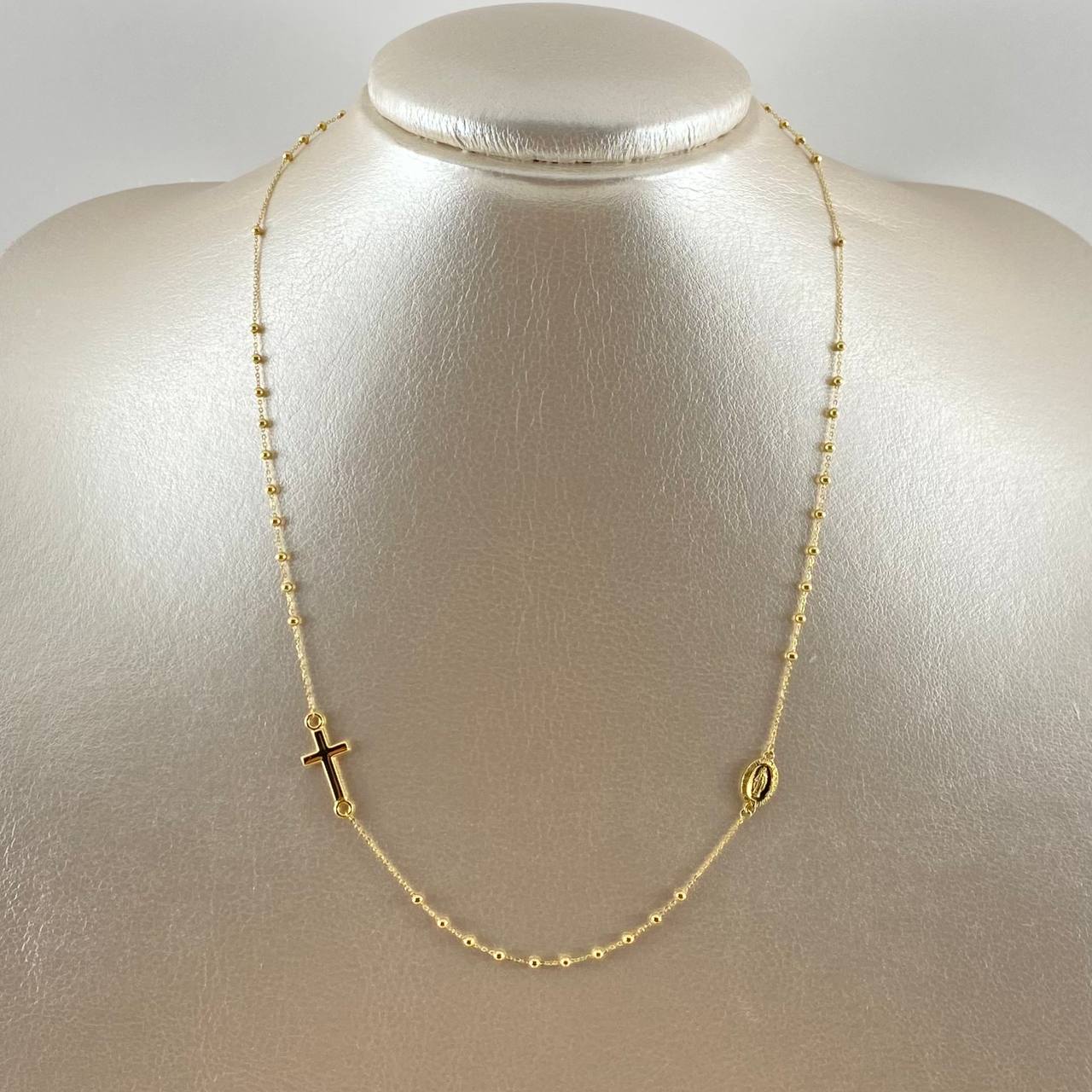 Cadena Denario Virgen Milagrosa 2.65gr / 45cm / 2mm Bolas Lisas Cruz Lisa Oro Amarillo +4 18K