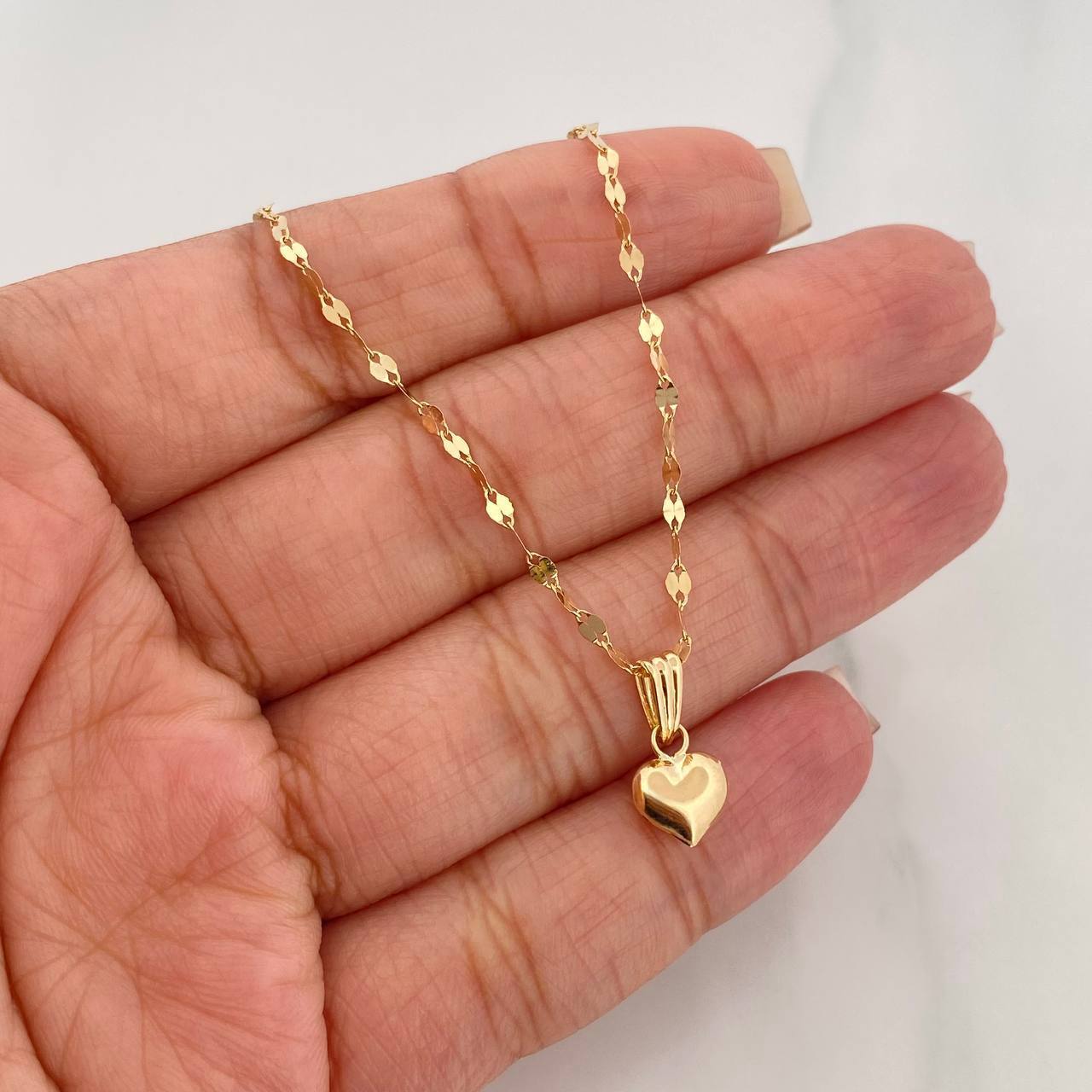 Set Cadena Flor Espejo + Dije Corazon / 1.5 g / 45 cm Oro Amarillo 18K