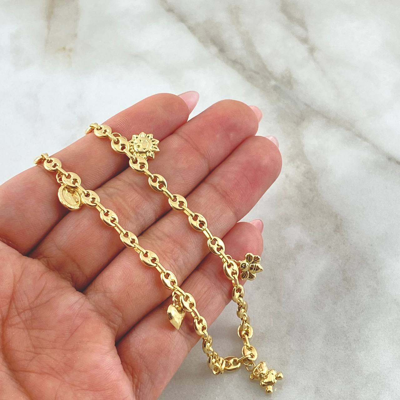 Tobillera GC Calabrote 5.3gr / 25cm / 4.4mm "Sol-Abeja-Oso-Corazón-Virgen Milagrosa" Oro Amarillo 18K