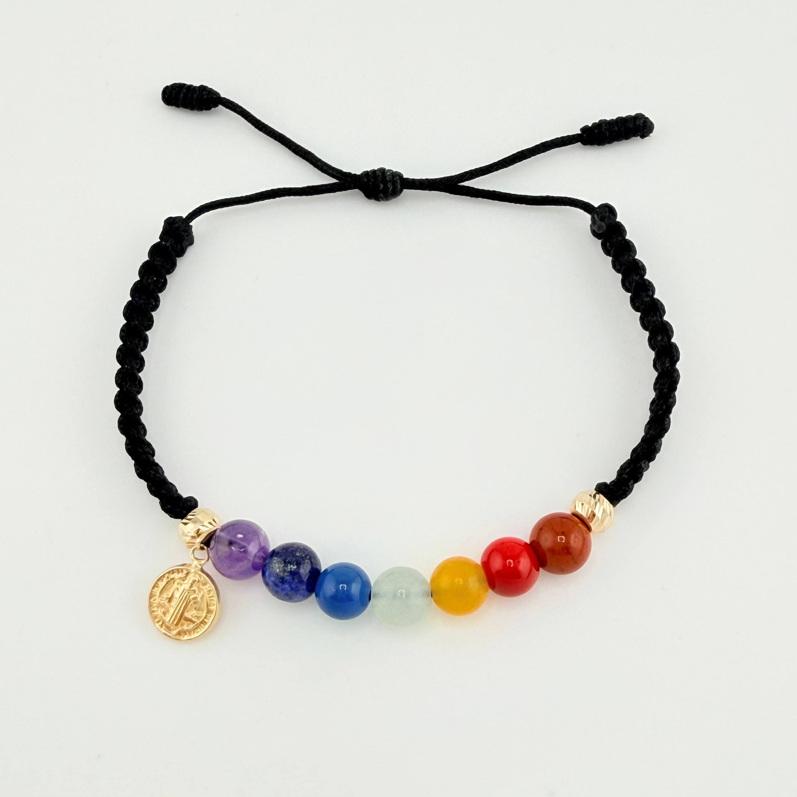Pulsera Negra San Benito 7 Chakras Bolas Diamantadas 2und / Oro Amarillo 18K ©