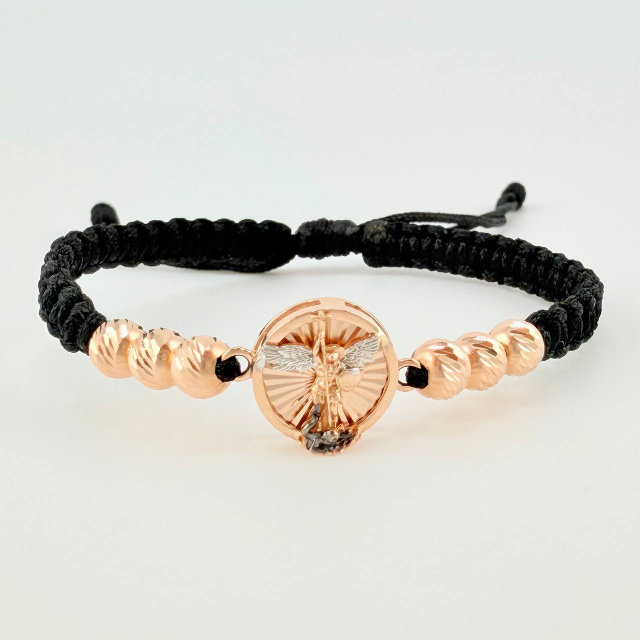 Pulsera Tejida Negra San Miguel Bolas Diamantadas Dos Oros Blanco Rosa 18K