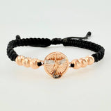 Pulsera Tejida Negra San Miguel Bolas Diamantadas Dos Oros Blanco Rosa 18K