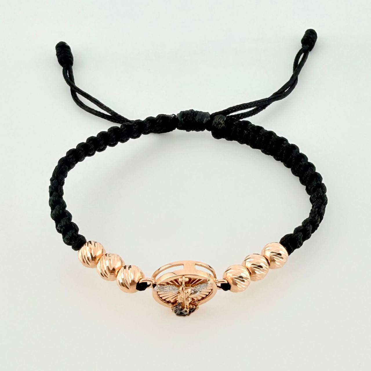 Pulsera Tejida Negra San Miguel Bolas Diamantadas Dos Oros Blanco Rosa 18K