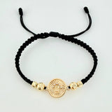 Pulsera Tejida Negra Tambor Corona Bolas Diamantadas Oro Amarillo 18K