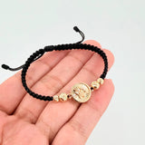 Pulsera Tejida Negra Tambor Corona Bolas Diamantadas Oro Amarillo 18K