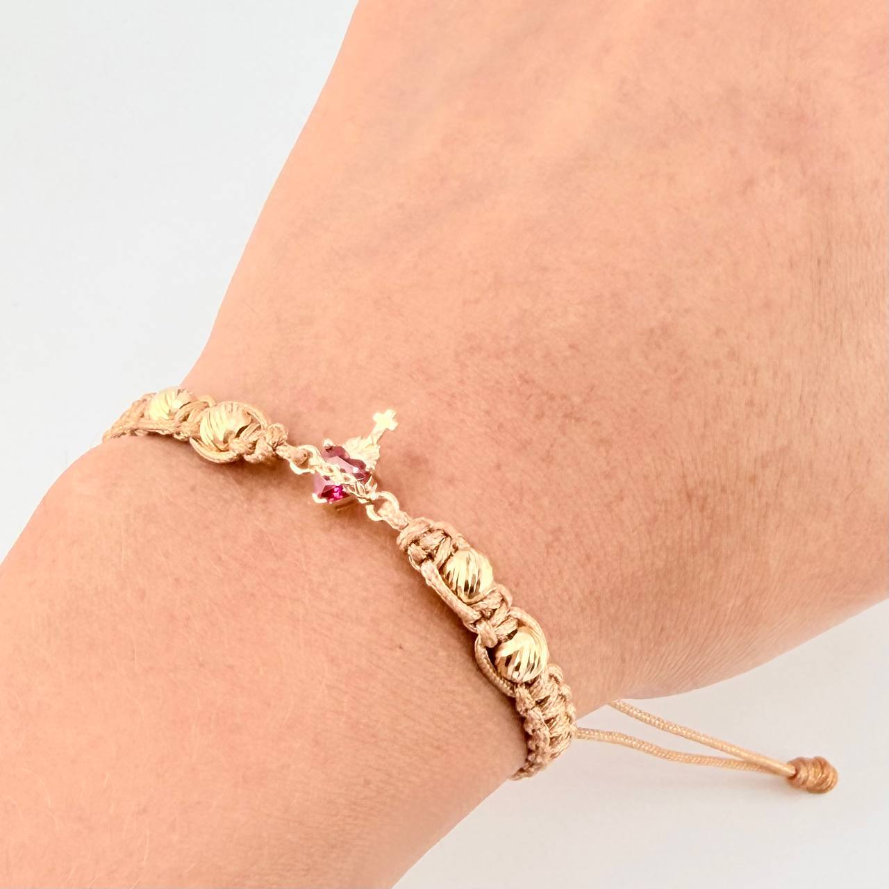 Pulsera Tejida Cafe Sagrado Corazon Bolas Diamantadas Oro Amarillo 18K