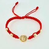 Pulsera Tejida Roja Tambor Virgen Guadalupe Bolas Diamantadas Oro Amarillo 18K