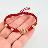 Pulsera Tejida Roja Tambor Virgen Guadalupe Bolas Diamantadas Oro Amarillo 18K