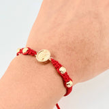 Pulsera Tejida Roja Tambor Virgen Guadalupe Bolas Diamantadas Oro Amarillo 18K