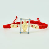 Pulsera Tejida Roja Virgen Milagrosa Bolas Diamantadas Dos Oros Amarillo Blanco 18K