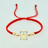 Pulsera Tejida Roja Virgen Milagrosa Bolas Diamantadas Dos Oros Amarillo Blanco 18K