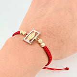 Pulsera Tejida Roja Virgen Milagrosa Bolas Diamantadas Dos Oros Amarillo Blanco 18K