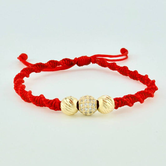 Pulsera Tejida Roja Bolas Diamantadas Oro Amarillo 18K