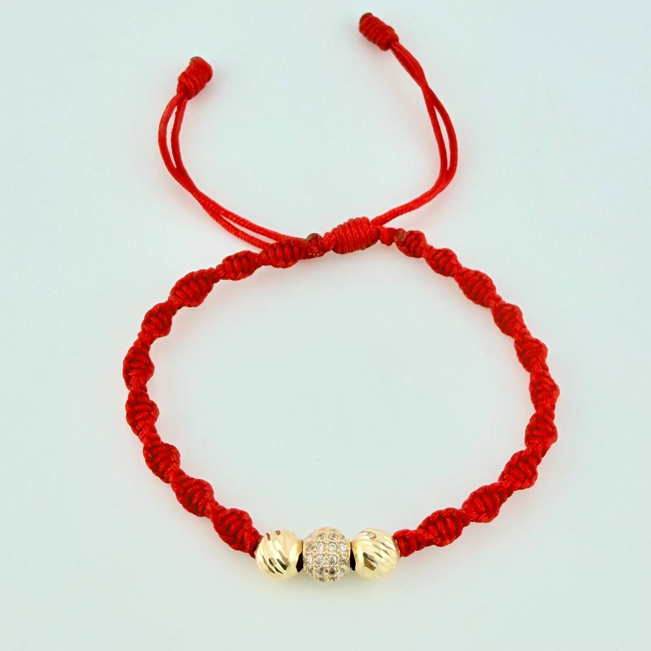 Pulsera Tejida Roja Bolas Diamantadas Oro Amarillo 18K