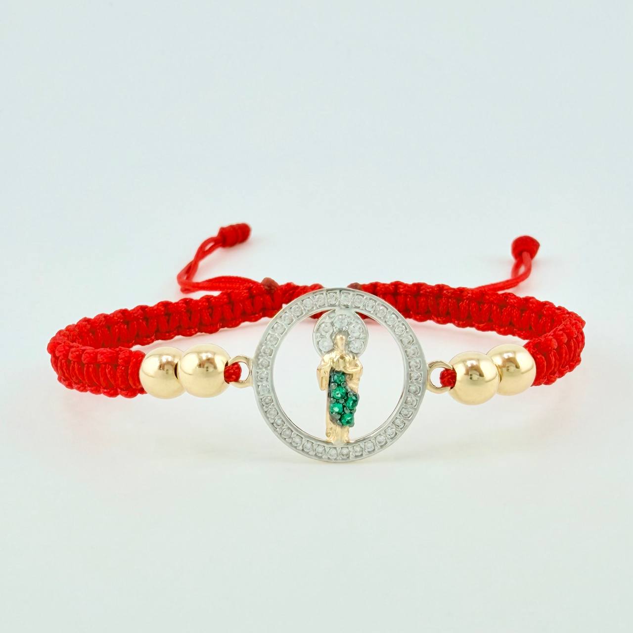 Pulsera Tejida Roja San Judas Bolas Lisas Dos Oros Amarillo Blanco 18K