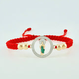 Pulsera Tejida Roja San Judas Bolas Lisas Dos Oros Amarillo Blanco 18K