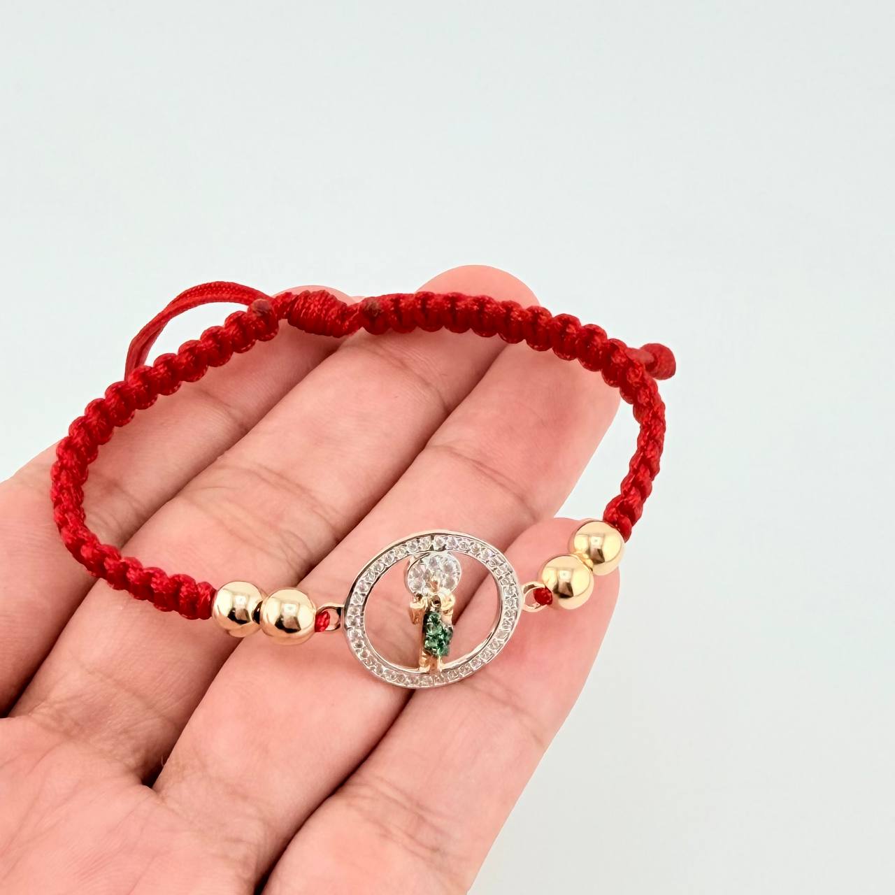 Pulsera Tejida Roja San Judas Bolas Lisas Dos Oros Amarillo Blanco 18K