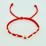 Pulsera Tejida Roja Sagrado Corazon Bolas Diamantadas Oro Amarillo 18K