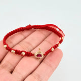 Pulsera Tejida Roja Sagrado Corazon Bolas Diamantadas Oro Amarillo 18K