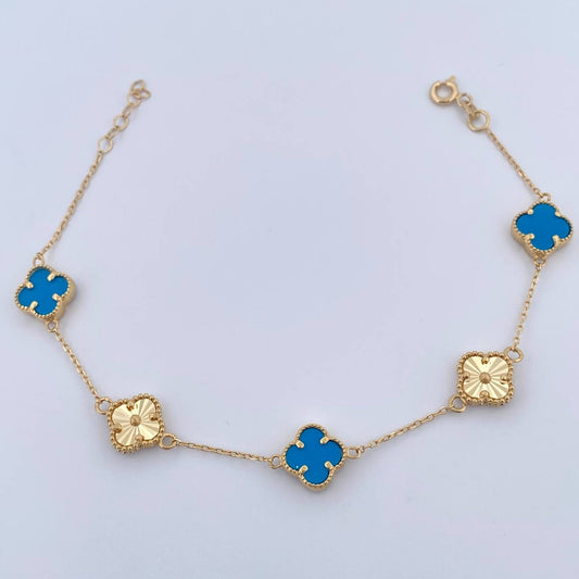 Pulso Aro Seguido Trebol 5.45gr / 17.7cm-19.4cm / 0.8mm Turqueza Diamantado Oro Amarillo +4 18K &