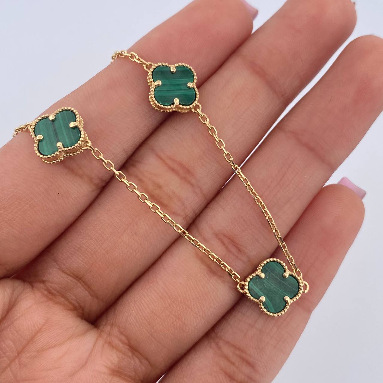 Pulso Aro Seguido Trebol 3.2gr / 16.4cm-19.4cm / 0.9mm Malaquita Verde Oro Amarillo +4 18K &
