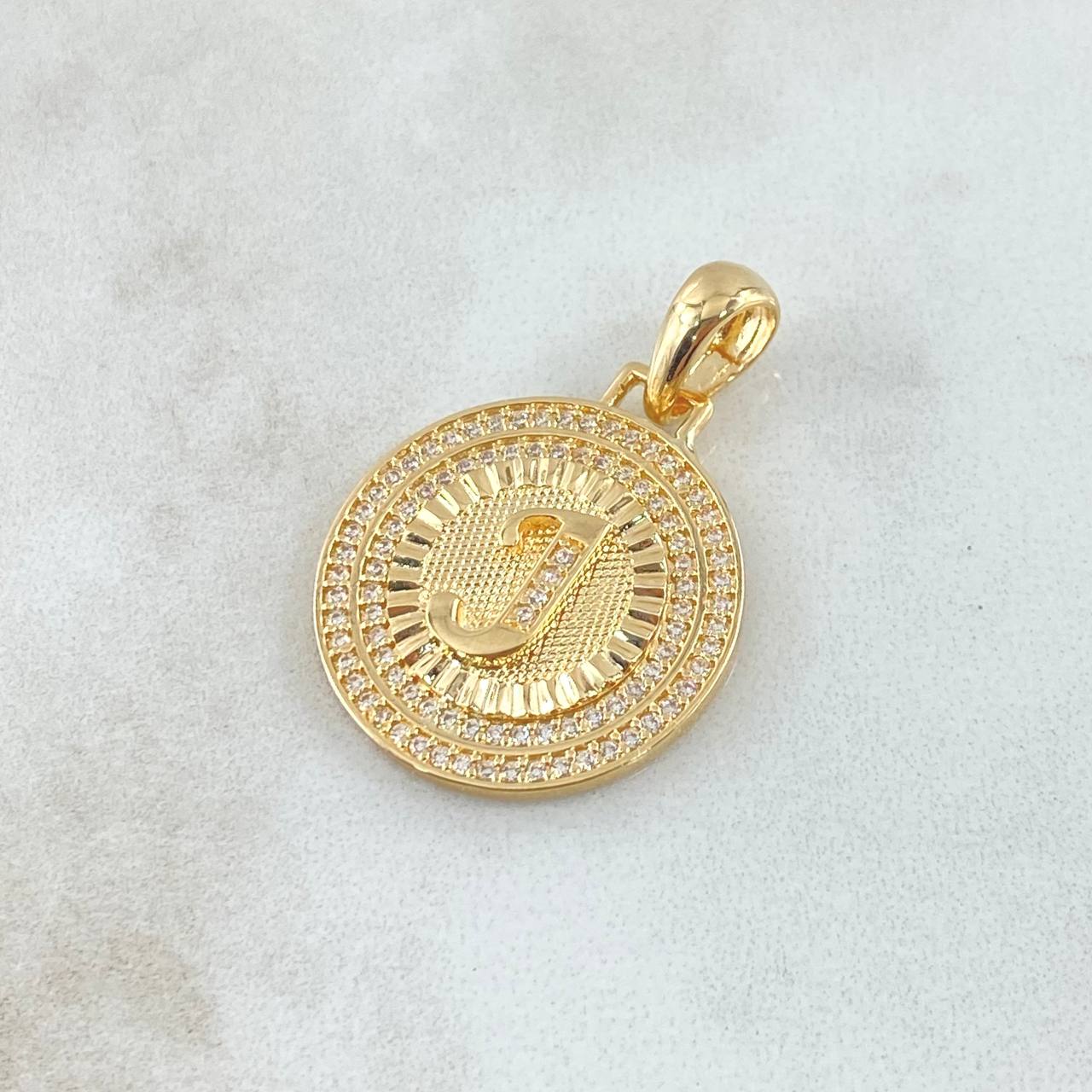 Dije Medalla Letra J 4,35gr / 3.1cm / Circones Blancos Oro Amarillo 18K