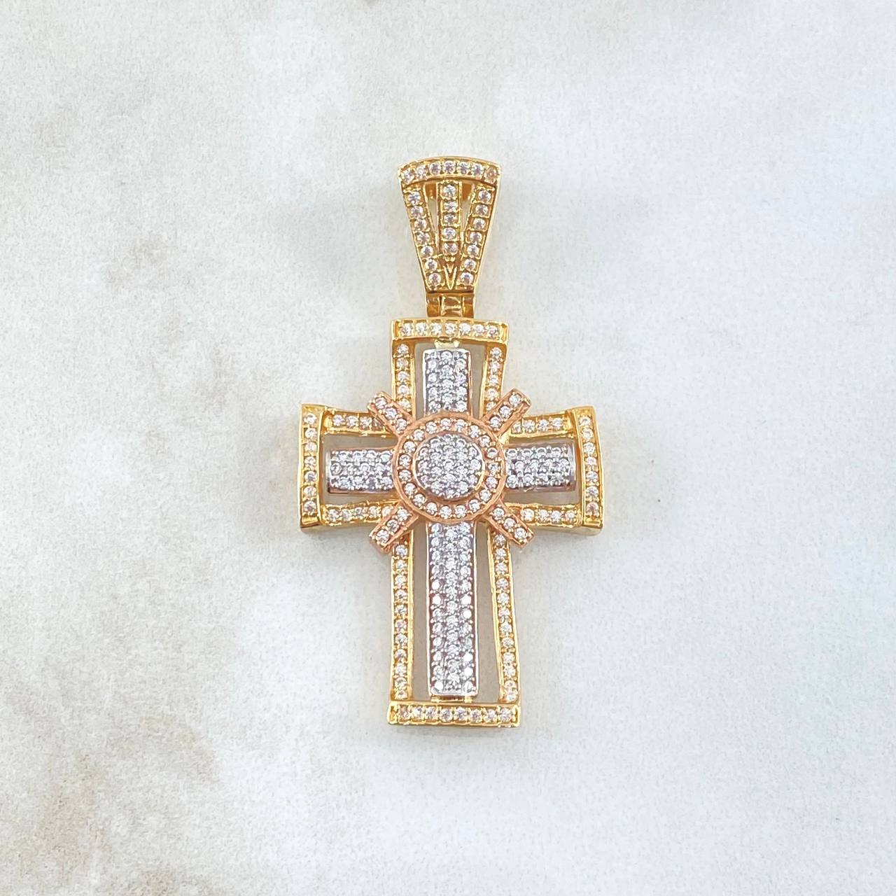Dije Cruz Bastion Sagrado 9.45gr / 4.7cm / Circones Blancos Tres Oros 18K *