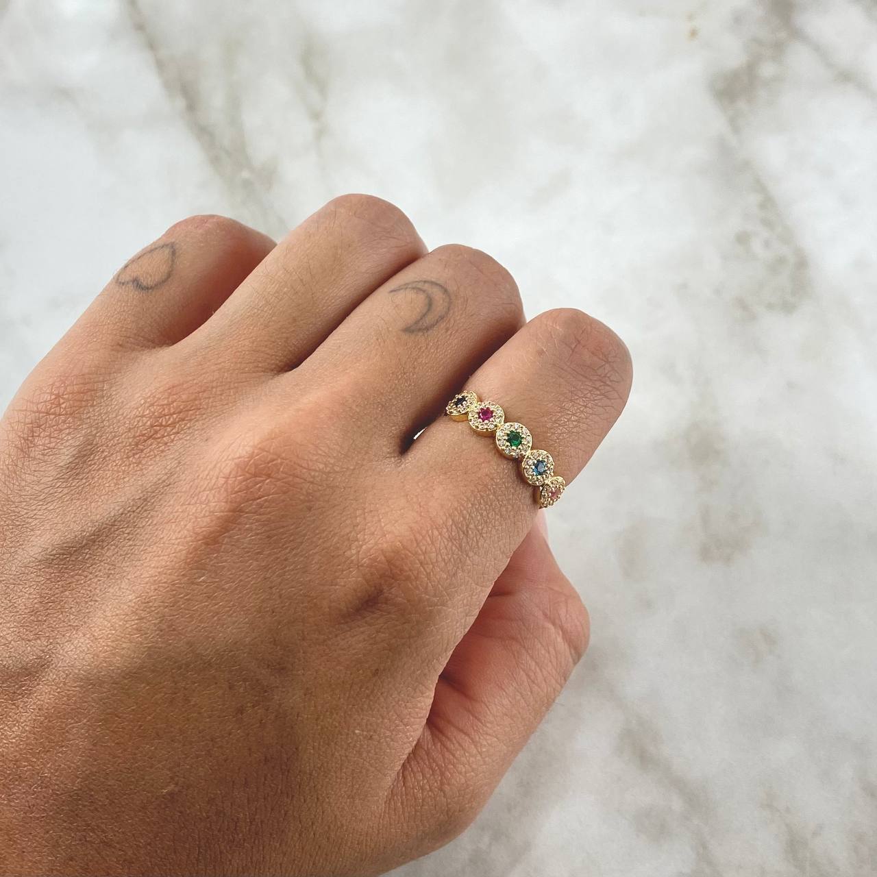Anillo Media Halos 2.15gr / T6 1/2 / Circones Multicolor Oro Amarillo 18K *