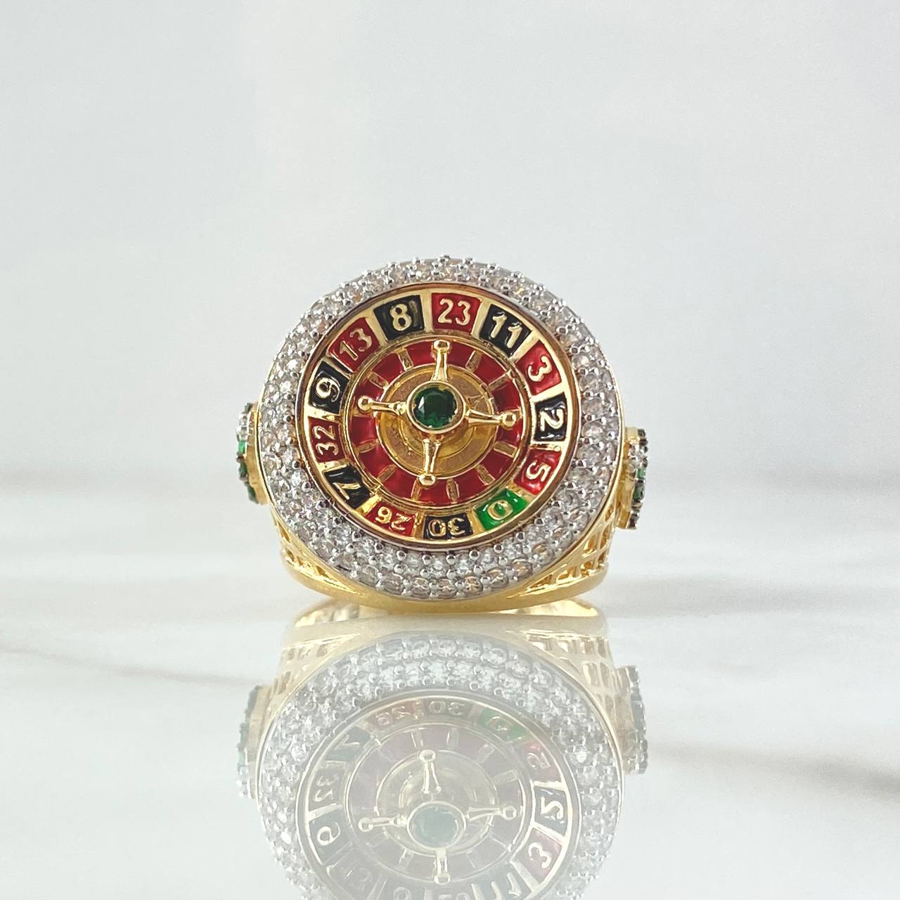 Anillo Ruleta Casino Movil 13.75gr / T8 / Circones Blancos Verde Texturizado Oro Amarillo 18K *
