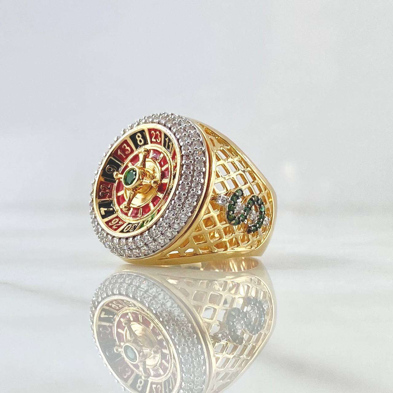Anillo Ruleta Casino Movil 13.75gr / T8 / Circones Blancos Verde Texturizado Oro Amarillo 18K *