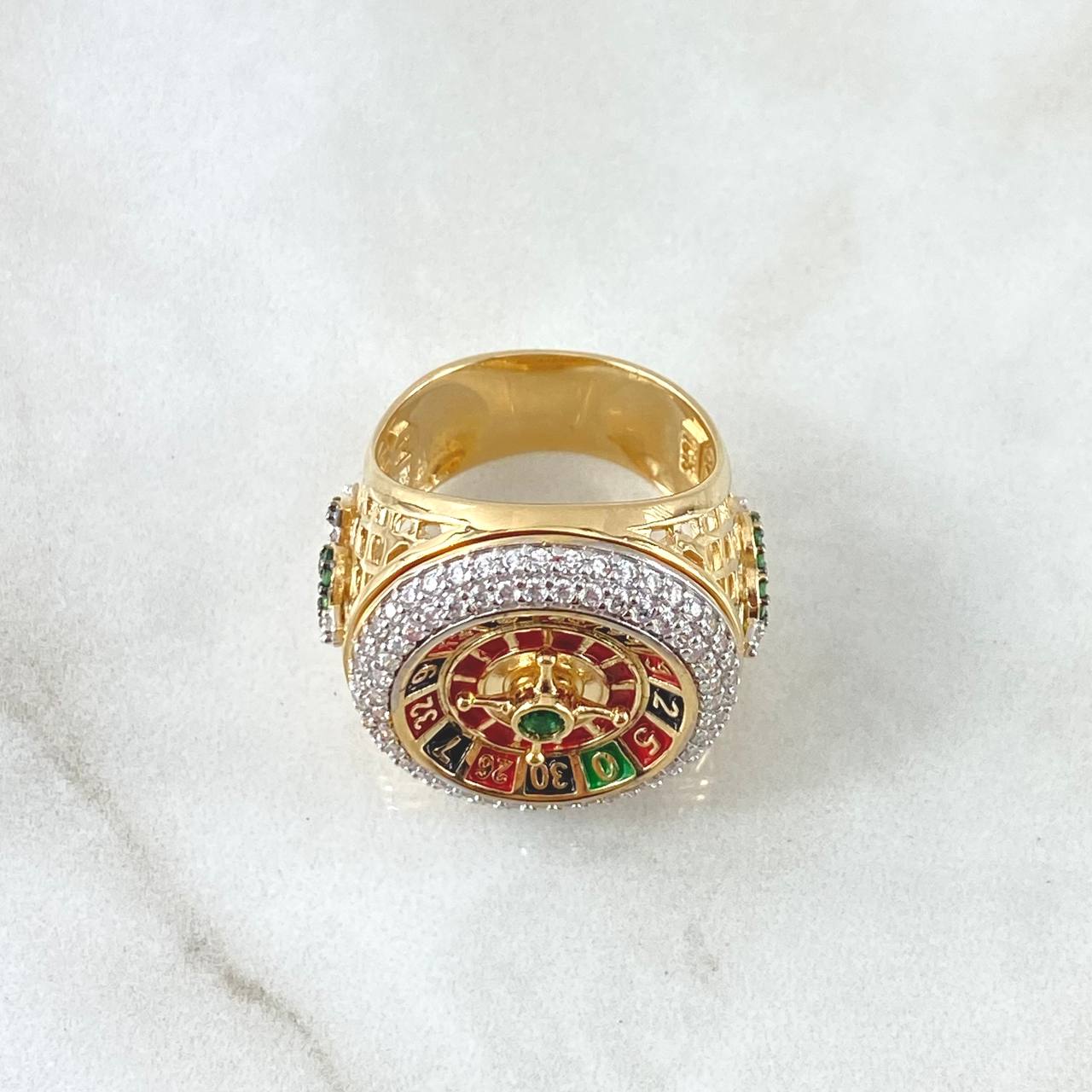 Anillo Ruleta Casino Movil 13.75gr / T8 / Circones Blancos Verde Texturizado Oro Amarillo 18K *