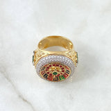 Anillo Ruleta Casino Movil 13.75gr / T8 / Circones Blancos Verde Texturizado Oro Amarillo 18K *